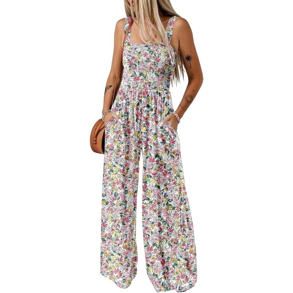 Women's Casual Loose Overalls Jumpsuits One Piece Sleeveless Printed Wide